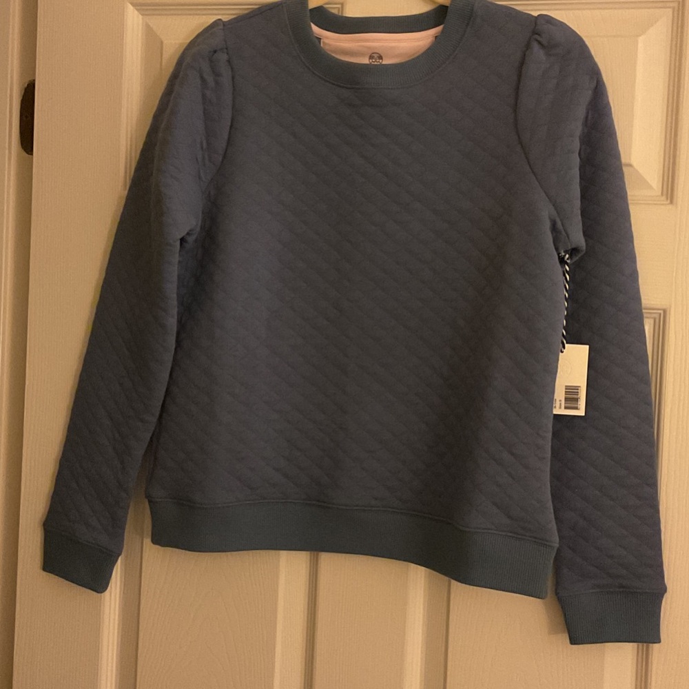 NWT RNWK Renwick Diamond Quilted Puff Sleeve Crewneck Sweatshirt Blue Sz Small
